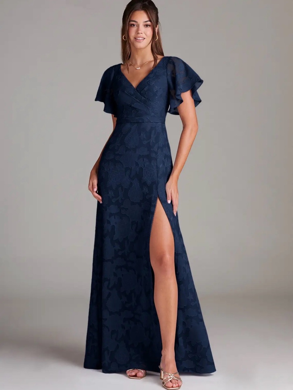 Azazie Navy Floral Jacquard V-Neck Gown with Flutter Sleeves
